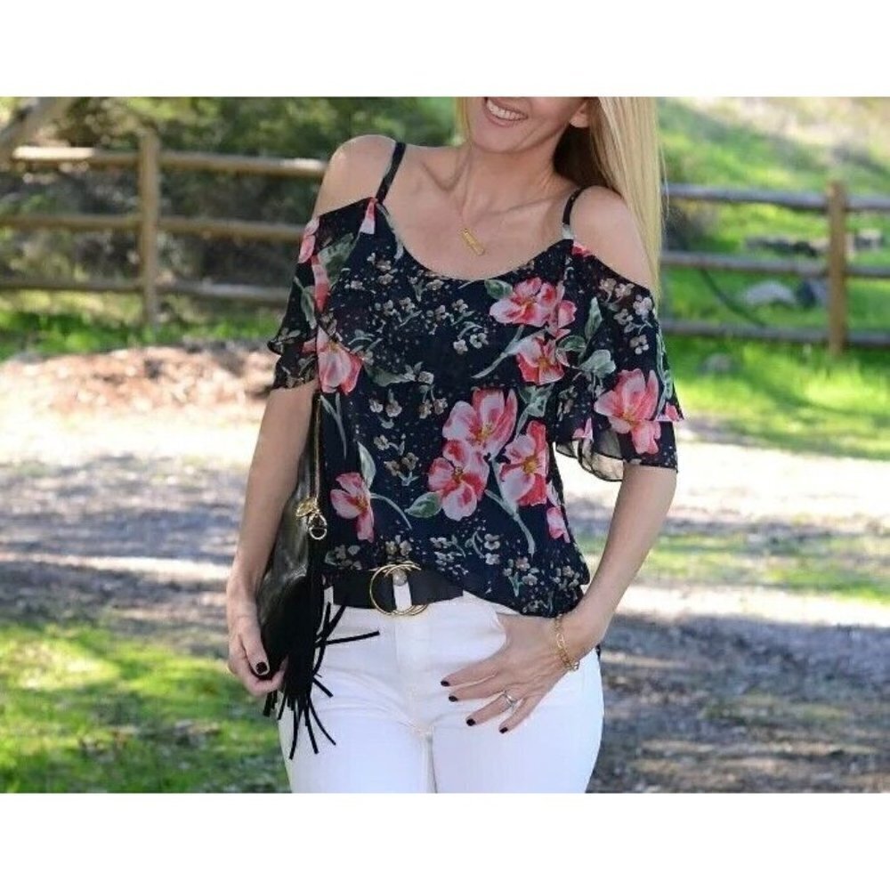 Cabi Sz S Ruffled Cold Shoulder Floral Print Top Romantic Blouse